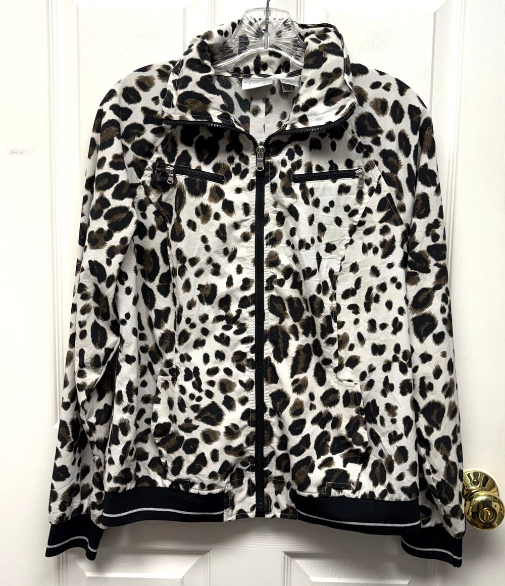 Zenergy by Chico’s Jacket Leopard Print Women’s Medium Zip Front Stowable Hooded